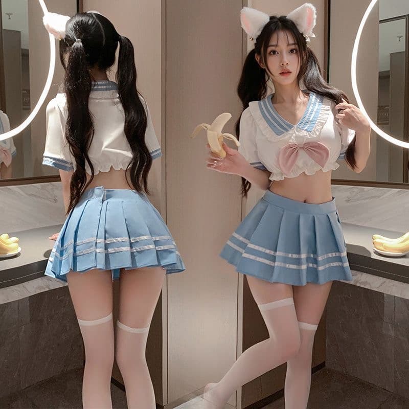水色セーラー服 猫耳付き エロコスプレ衣装