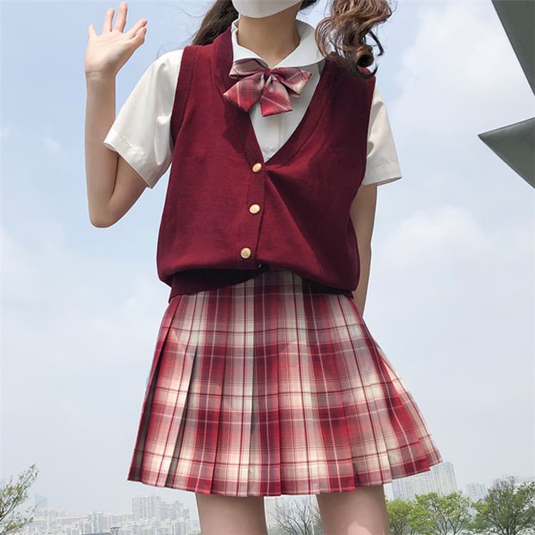 エロコスプレ 学生制服風コスプレセット 赤チェックプリーツスカート蝶ネクタイ付