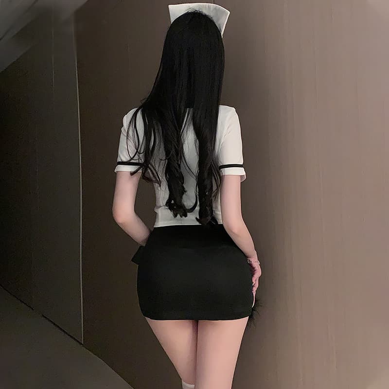 エロコスプレ セクシー黒白ナース服 スリット入りミニワンピース