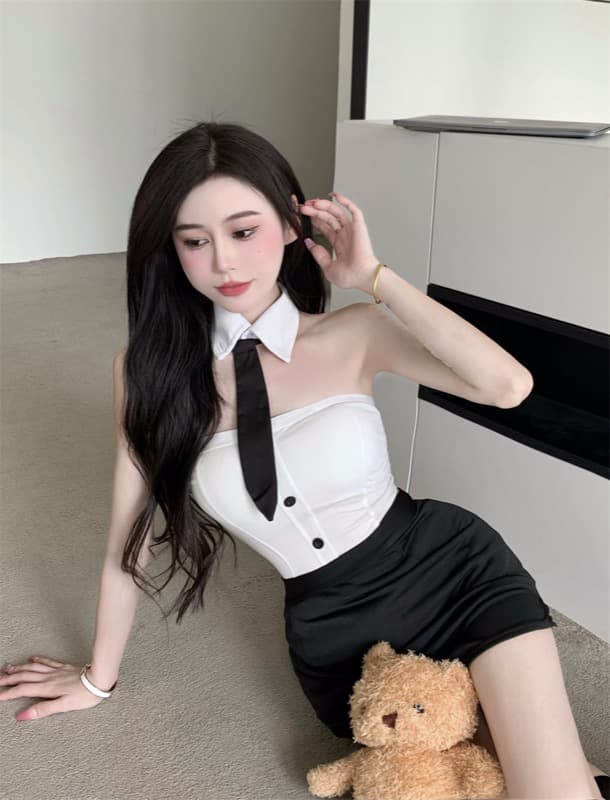 エロコスプレ セクシー制服風チューブトップタイトスカート上下セット