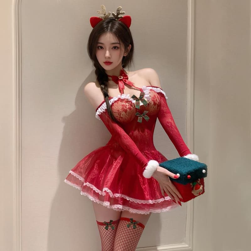 エロコスプレ セクシーサンタ衣装 赤レース パニエワンピース