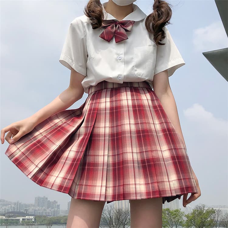 エロコスプレ 学生制服風コスプレセット 赤チェックプリーツスカート蝶ネクタイ付