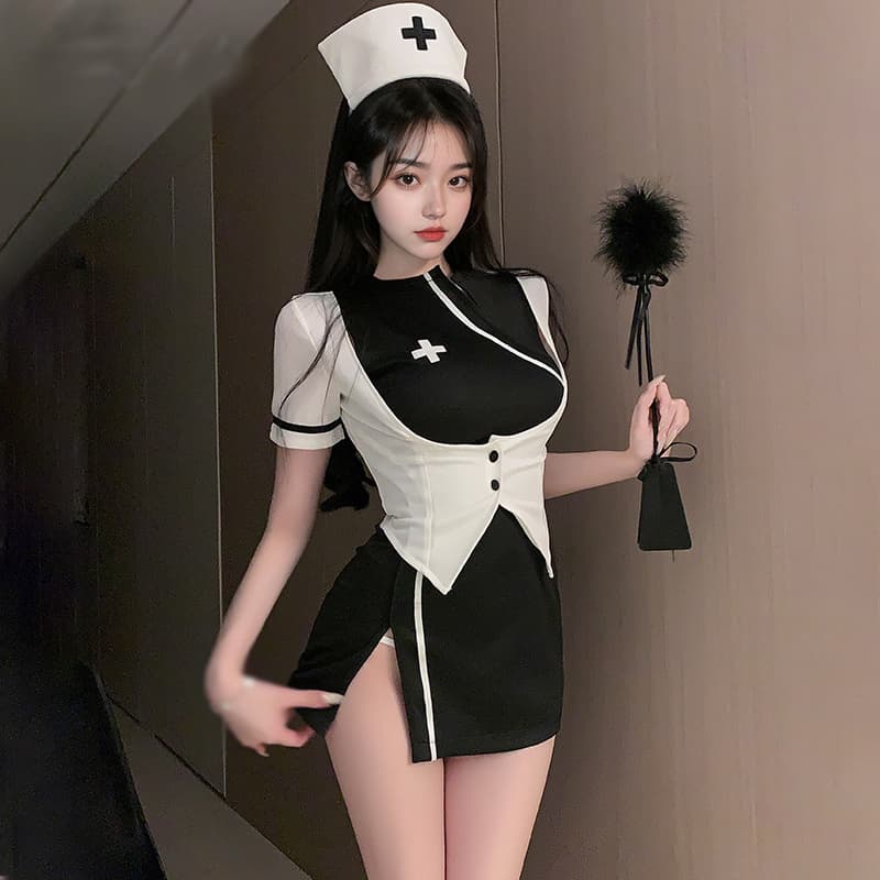 エロコスプレ セクシー黒白ナース服 スリット入りミニワンピース