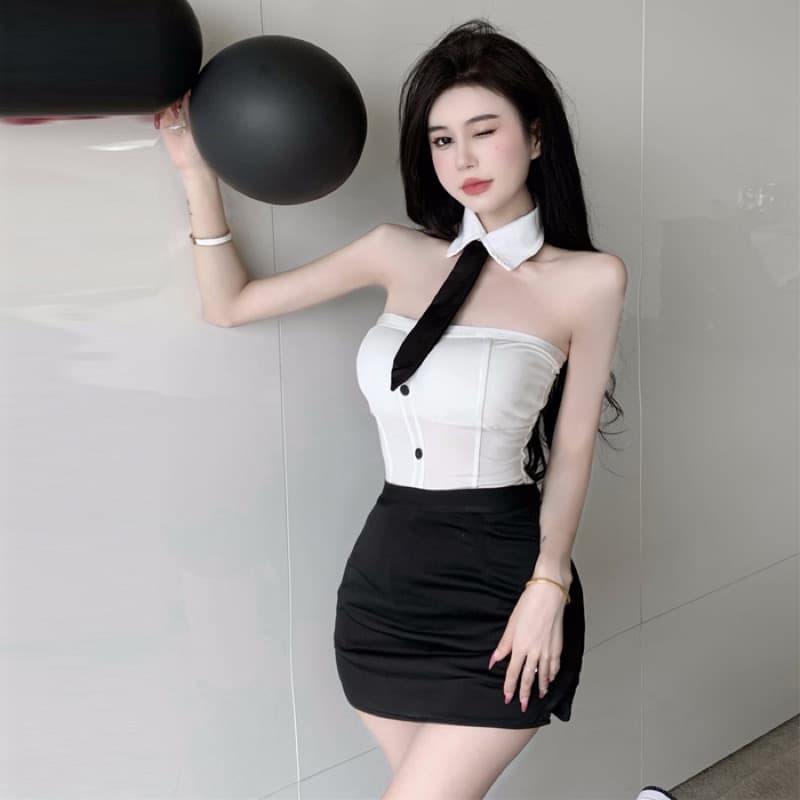 エロコスプレ セクシー制服風チューブトップタイトスカート上下セット